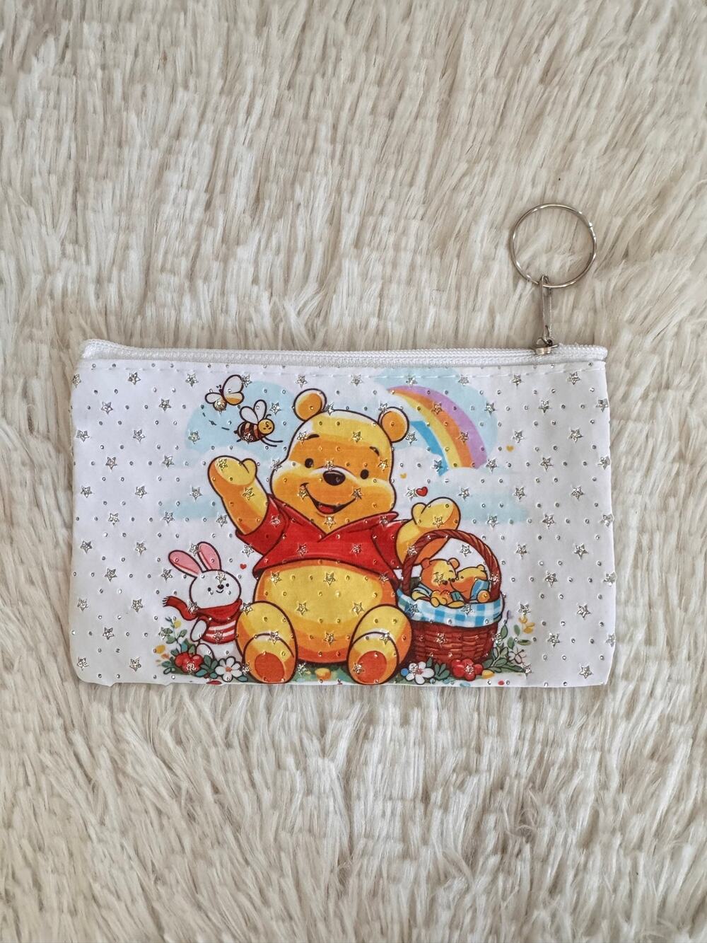 Winnie the Pooh keychain pouch with Winnie the Pooh, Rabbit, and a rainbow